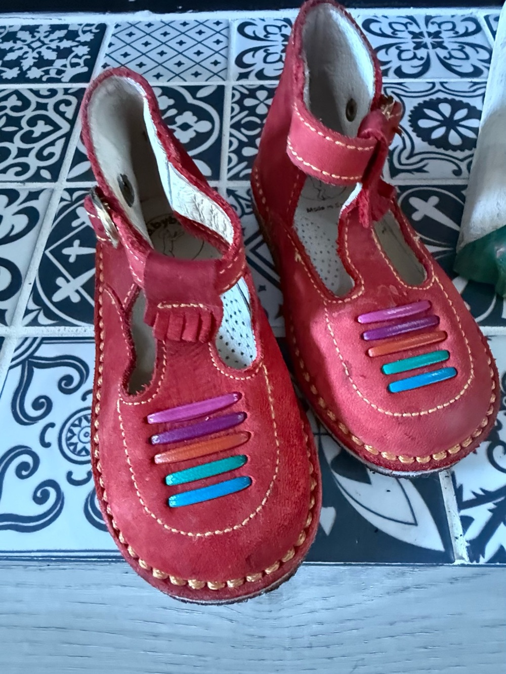 Girls Red Leather T-Bar Walker Shoes with Colorful Accent Bars